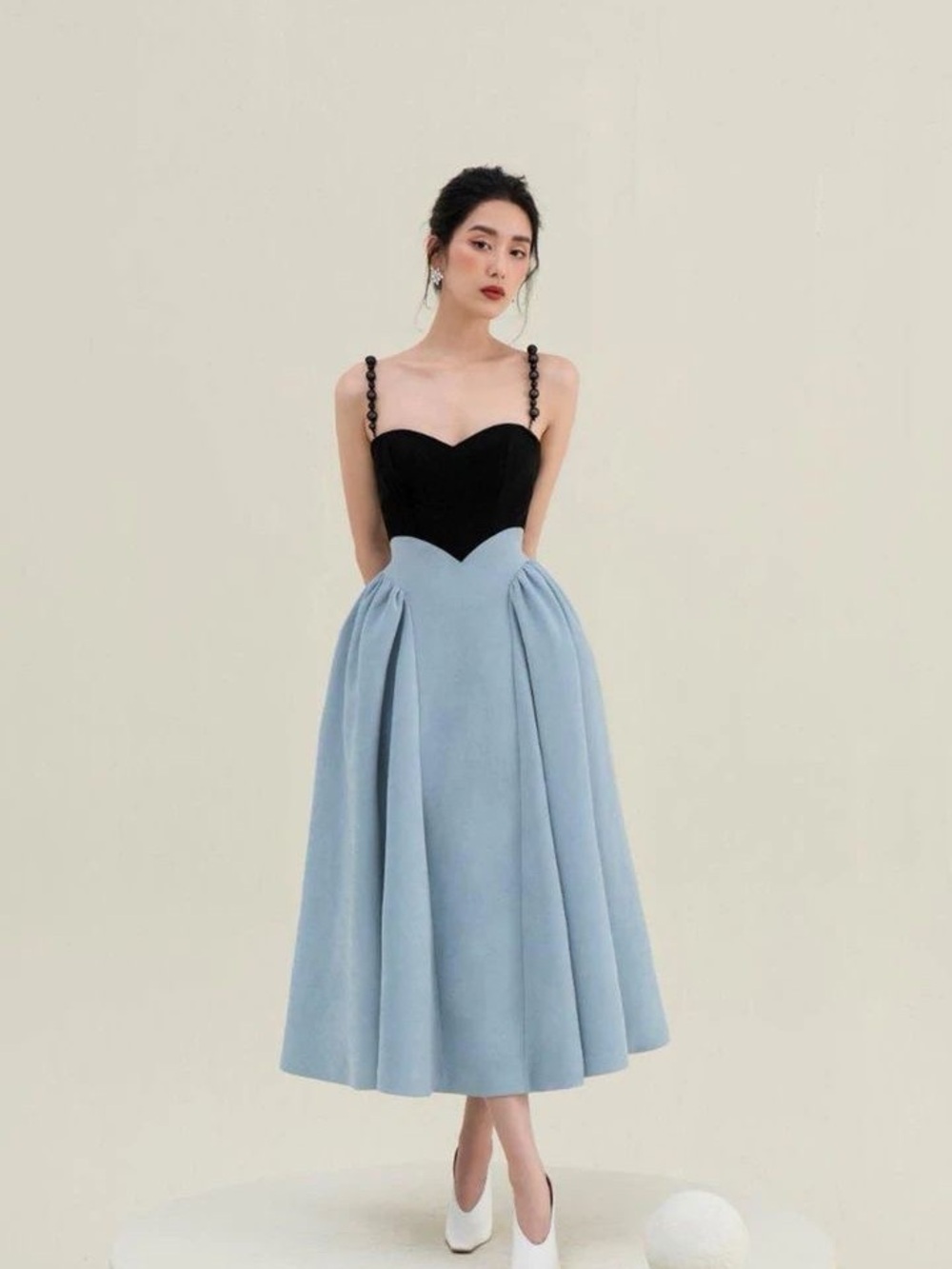 Two-Tone Black & Light Blue Sweetheart Midi Dress with Beaded Straps